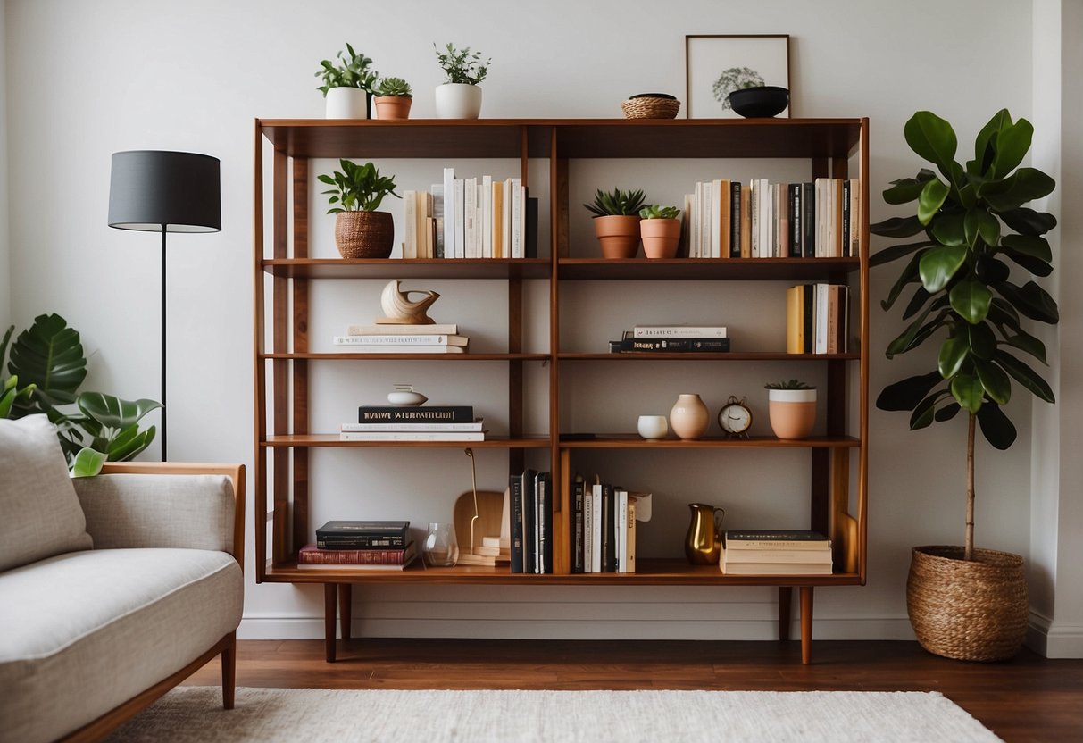 A modern Mid-Century Bookshelf stands against a white wall in a cozy first apartment, adorned with stylish decor from West Elm