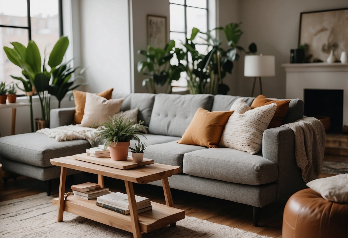 A cozy living room with a modern sofa adorned with a Urban Outfitters Tufted Throw Pillow. A stylish coffee table and potted plants complete the first apartment home decor ideas