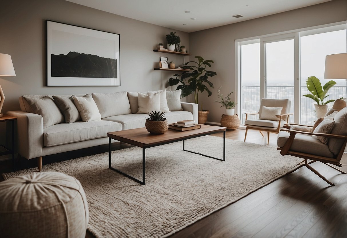 A modern living room with a Wayfair area rug as the focal point, with neutral-colored furniture and minimalist decor