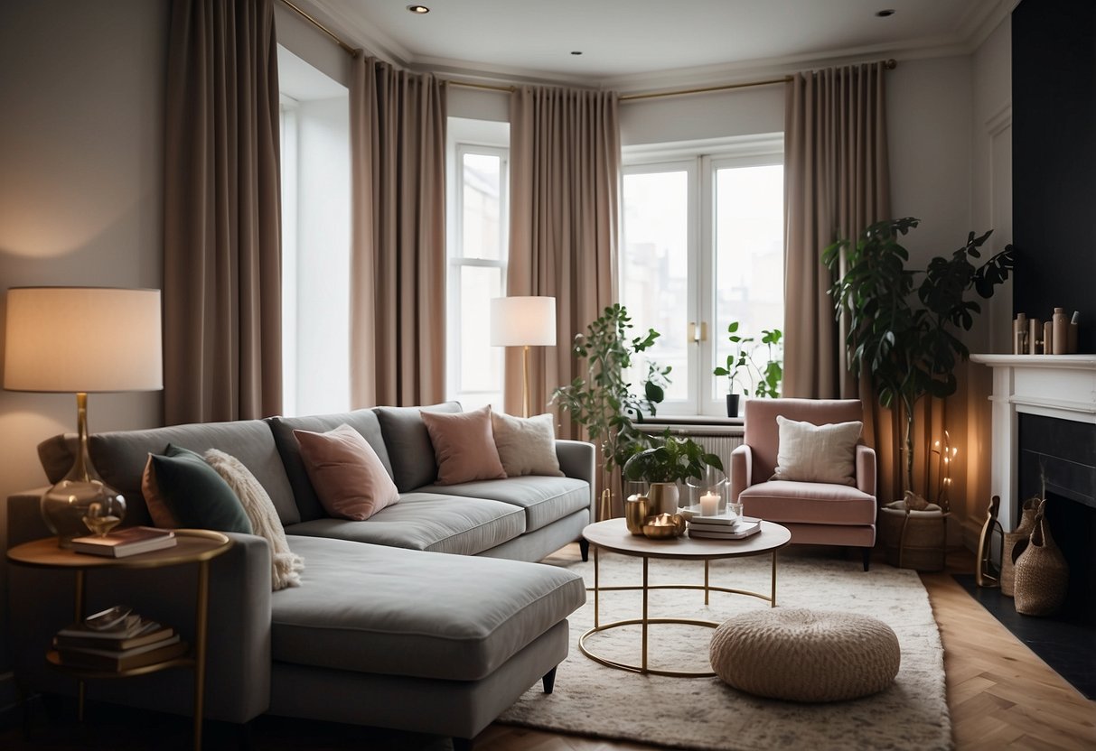 A cozy living room with H&M Home Velvet Curtains, adding elegance to a first apartment's decor