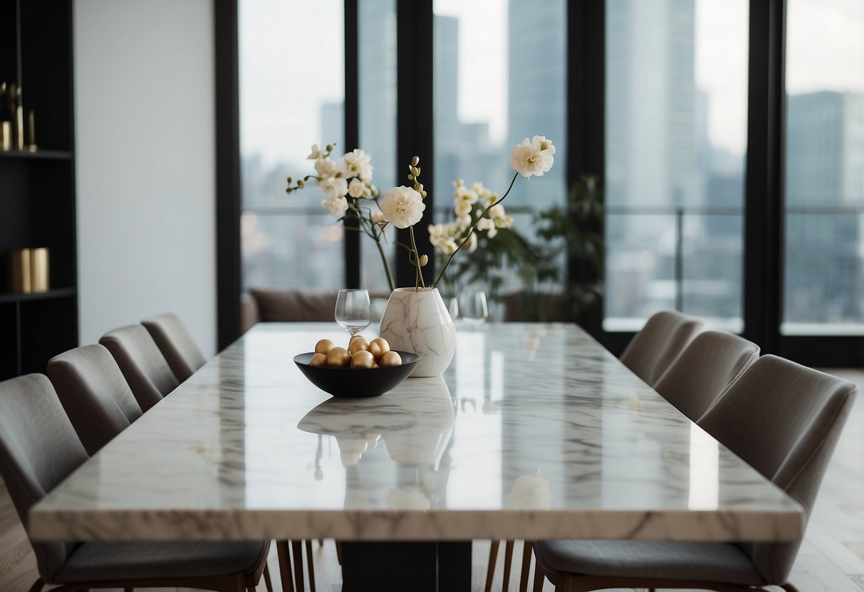 A sleek marble dining table sits in a modern apartment, surrounded by minimalist decor and soft lighting