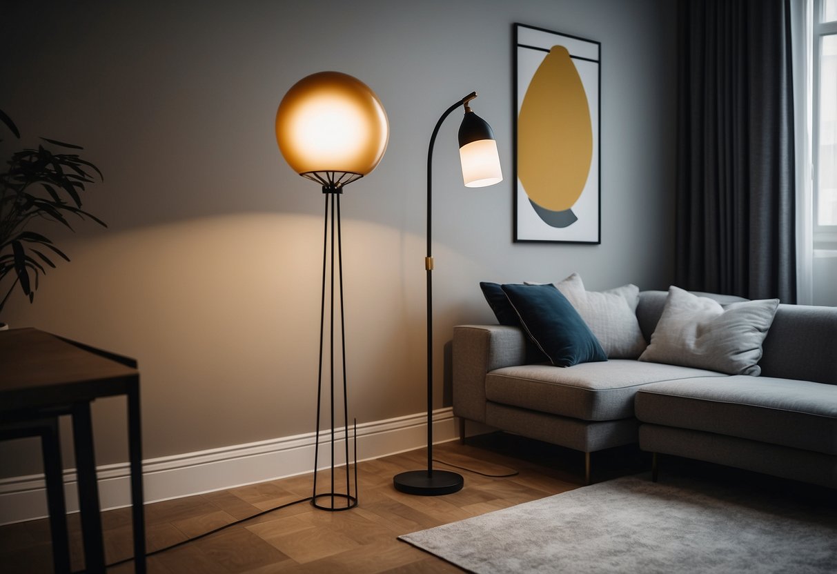 A modern metal floor lamp stands in a stylish first apartment, adding a touch of elegance to the decor