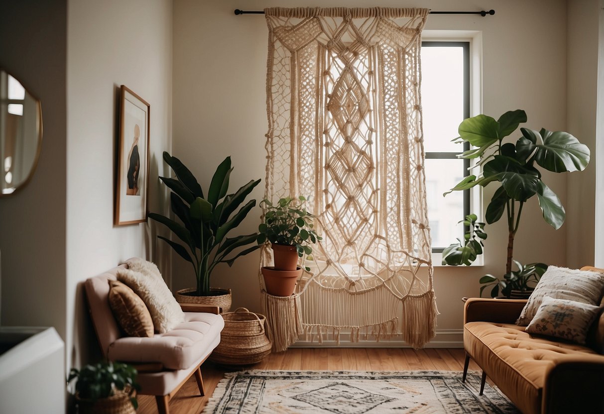 A cozy first apartment with a macrame wall hanging from Anthropologie, adding a bohemian touch to the home decor