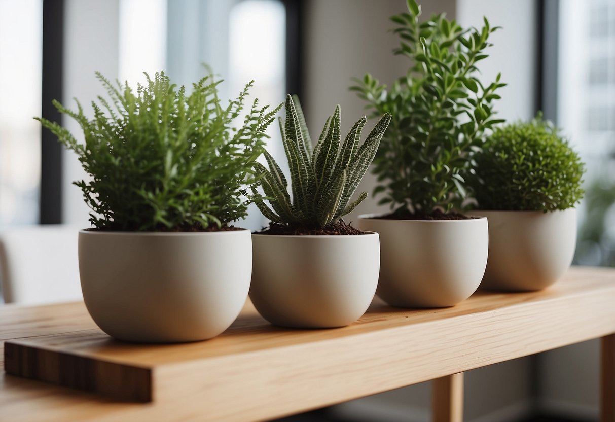 A modern, minimalist tabletop with sleek Crate & Barrel planters, adding greenery to a stylish first apartment decor