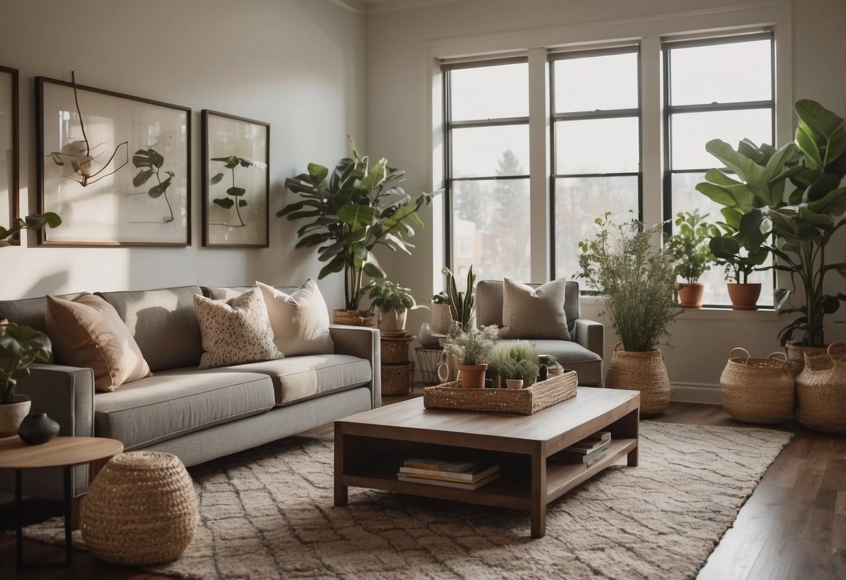 A cozy living room with modern furniture, soft lighting, and plants. A gallery wall of framed art and a statement rug tie the room together