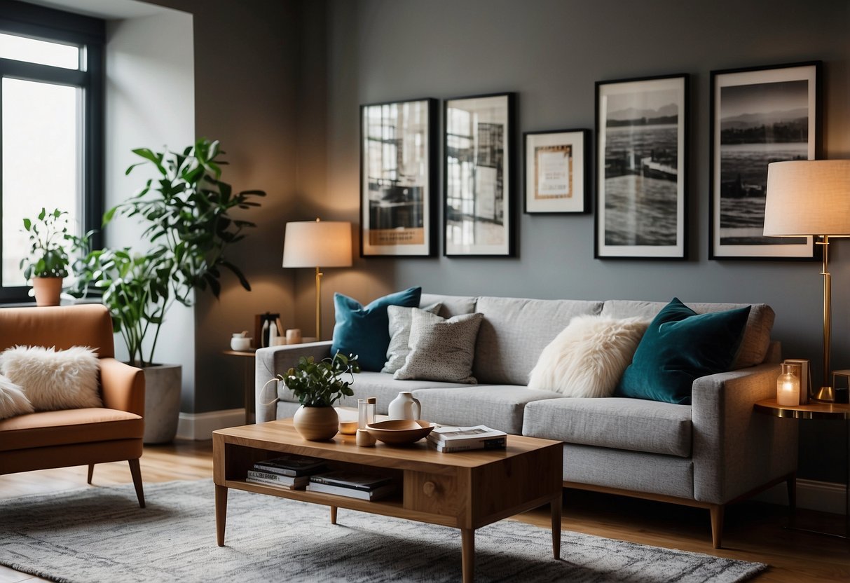 A cozy living room with a plush rug, a gallery wall of framed art, and a bookshelf filled with personal mementos and trinkets