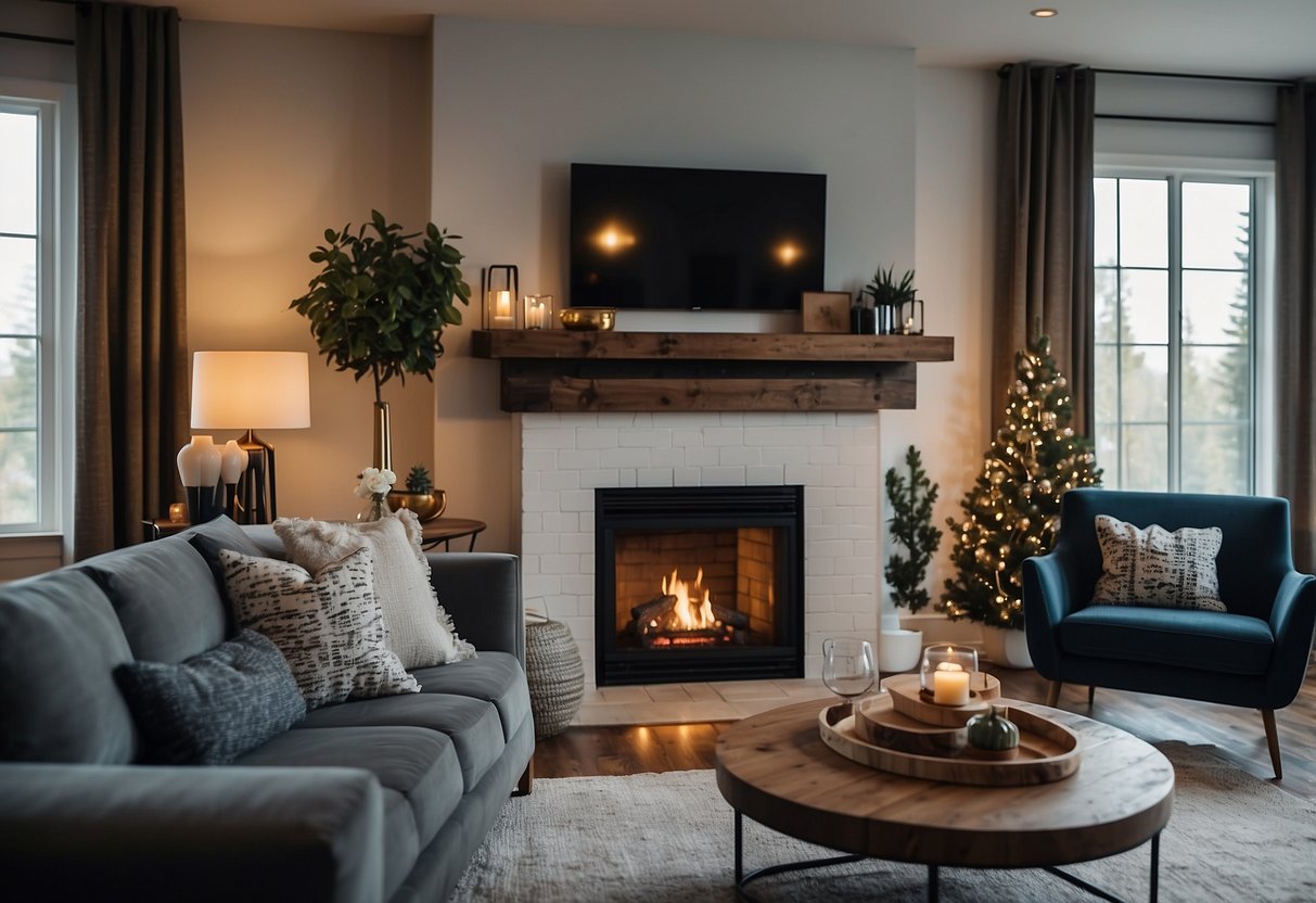 A cozy living room with a roaring fireplace, a mounted TV, and stylish home decor adorning the mantel and walls