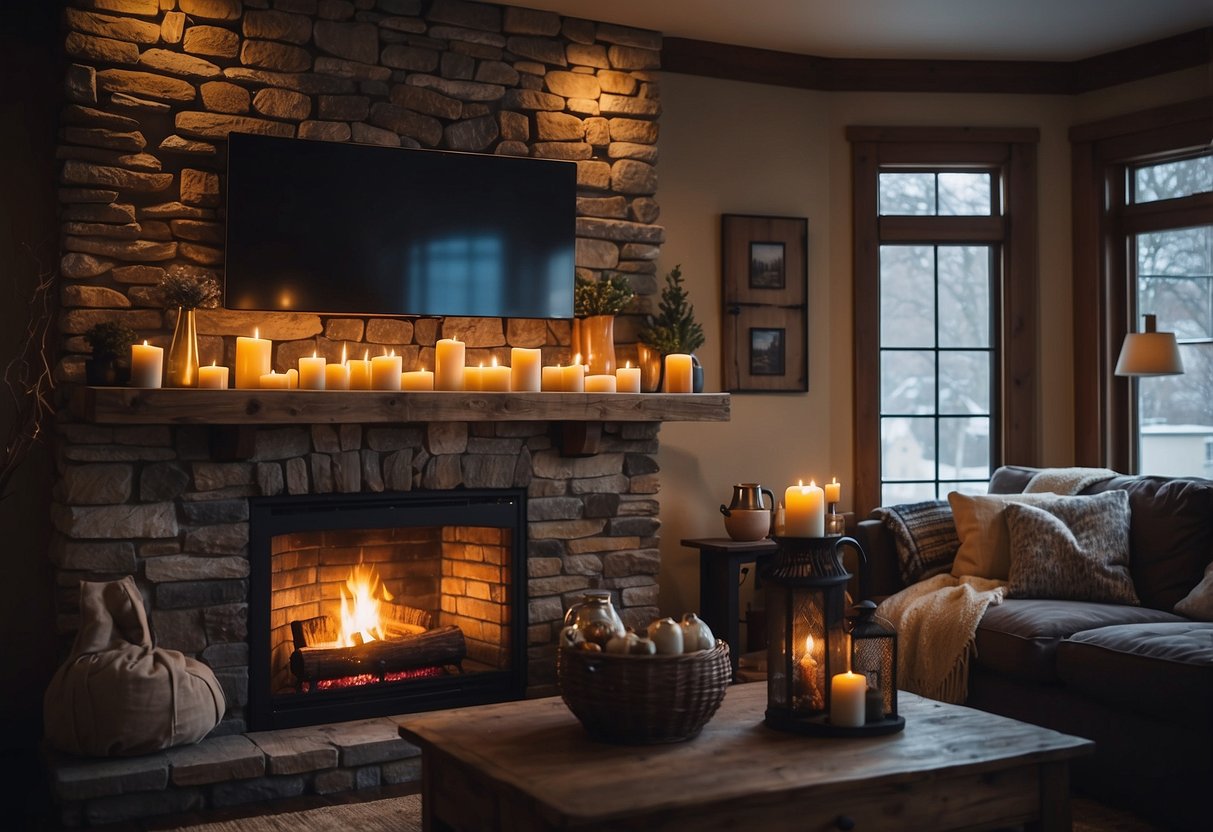 A cozy living room with a rustic log mantel fireplace as the focal point, adorned with home decor such as candles, vases, and a mounted TV above