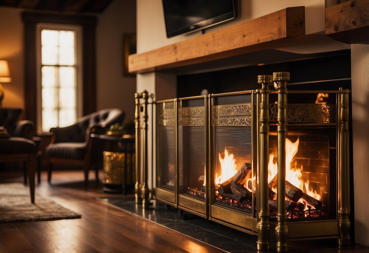 A roaring fire illuminates the antique brass andirons in the fireplace, casting a warm glow over the cozy living room with a TV and home decor accents