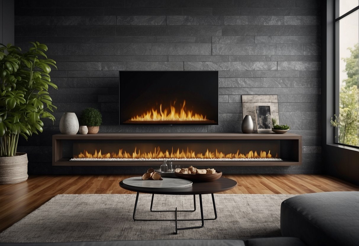 A fireplace with a herringbone brick pattern, centered with a TV, surrounded by home decor ideas