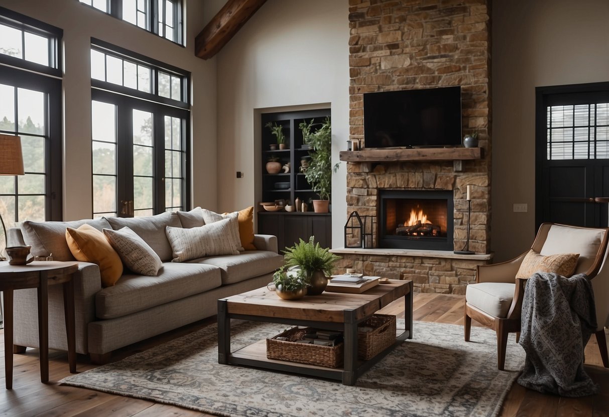 A cozy living room with a large fireplace made of reclaimed wood beams, featuring a mounted TV and stylish decor