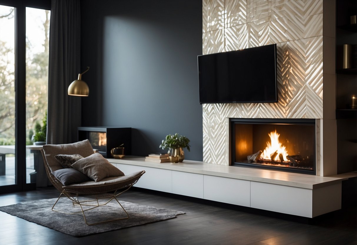 A geometric tile hearth surrounds a fireplace with a mounted TV above, serving as a stylish home decor idea