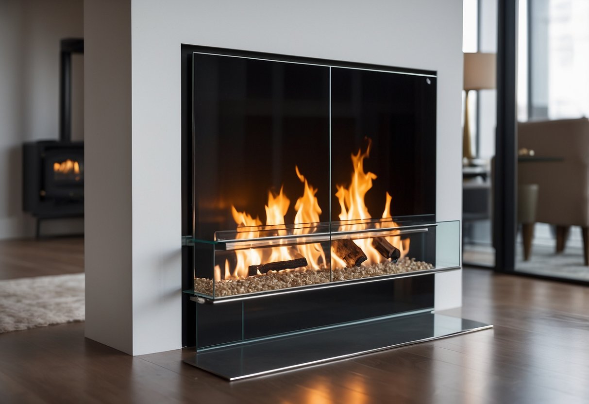 A modern glass fireplace screen sits in front of a sleek fireplace with a TV mounted above. The room is stylishly decorated with contemporary home decor ideas