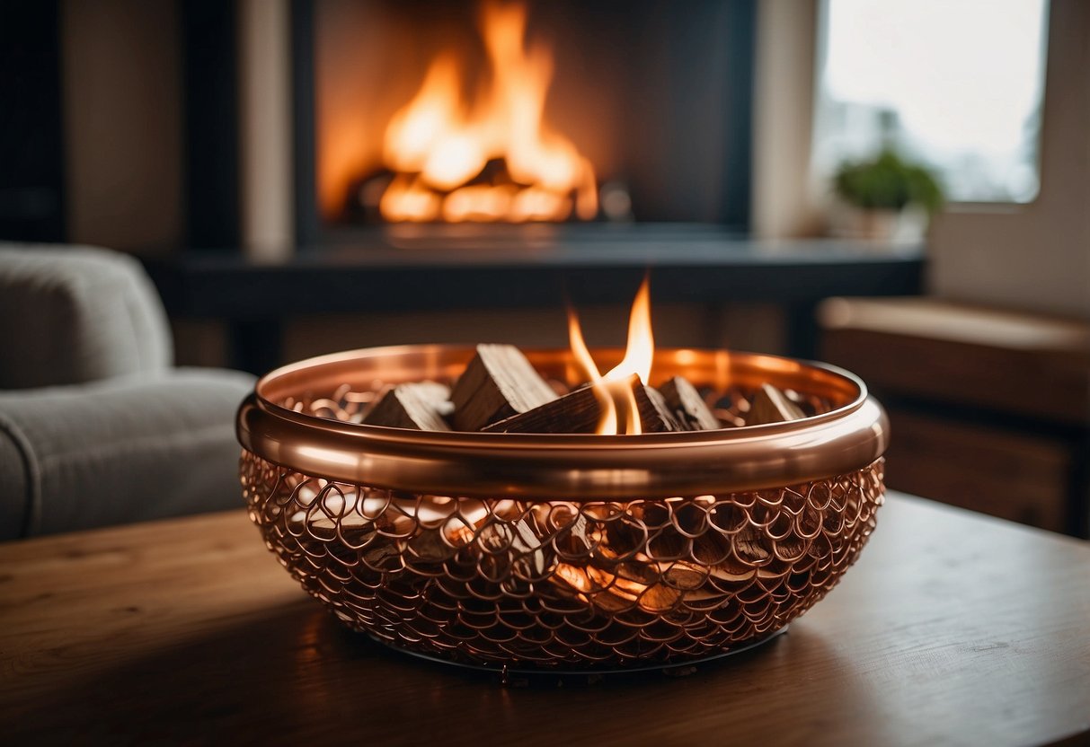 A copper firewood holder sits next to a fireplace with a TV above. Home decor idea for cozy living room