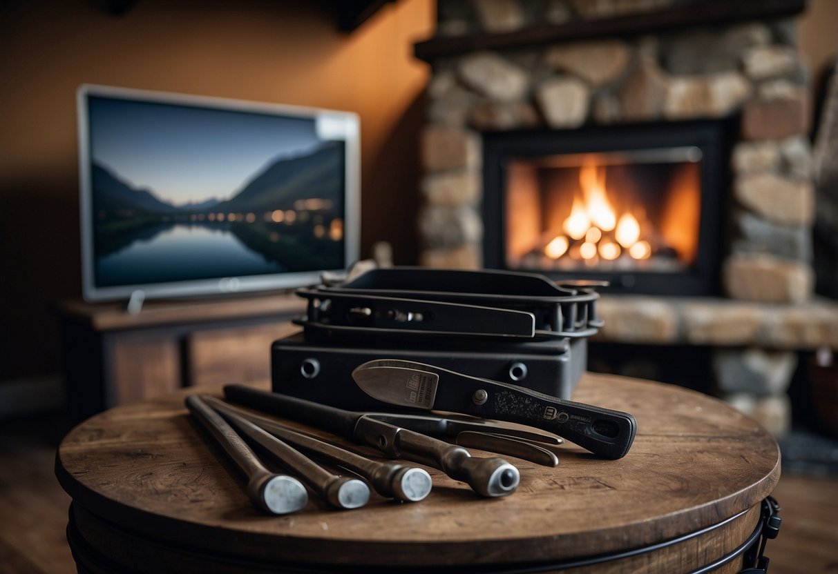 A wrought iron tool set rests beside a cozy fireplace, with a TV and home decor in the background