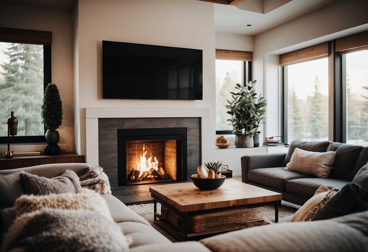 A cozy living room with a sleek fireplace surround, mounted TV, and stylish home decor