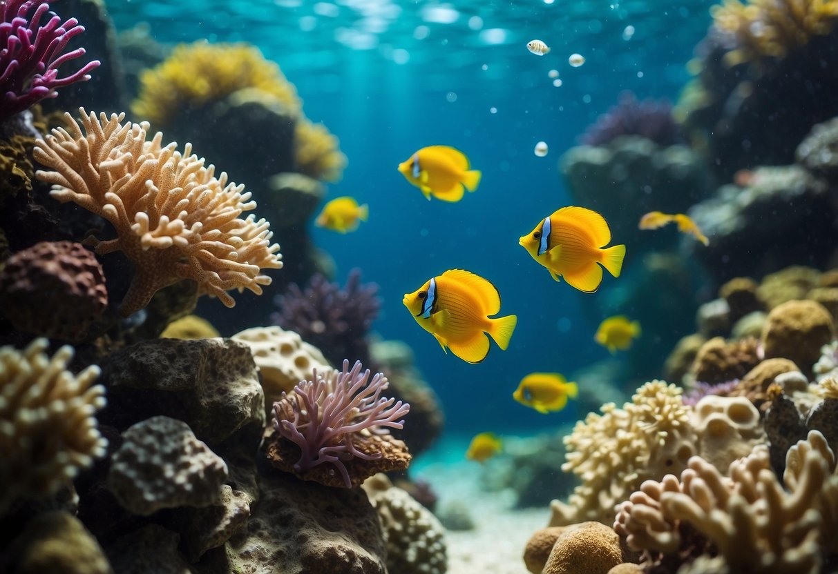 A serene underwater scene with colorful fish swimming among coral and seaweed, with a variety of fish-themed decor such as wall art, pillows, and sculptures