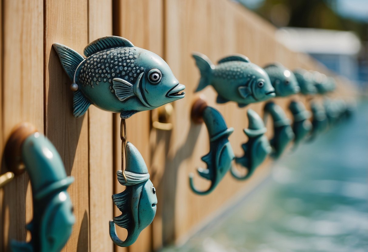 A row of nautical fish wall hooks adorns a beach-themed bathroom, adding a touch of coastal charm to the decor