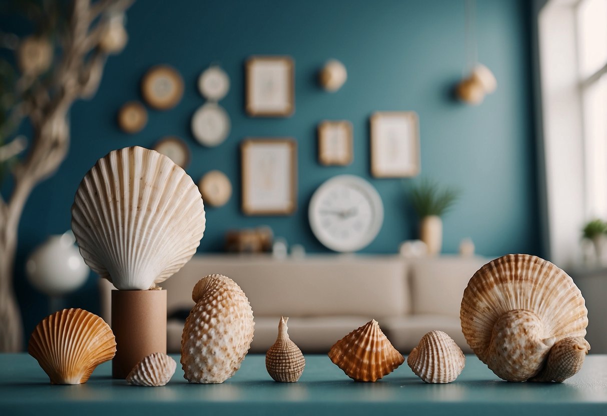 A seashell and fish wall art decorates a cozy beach-themed living room