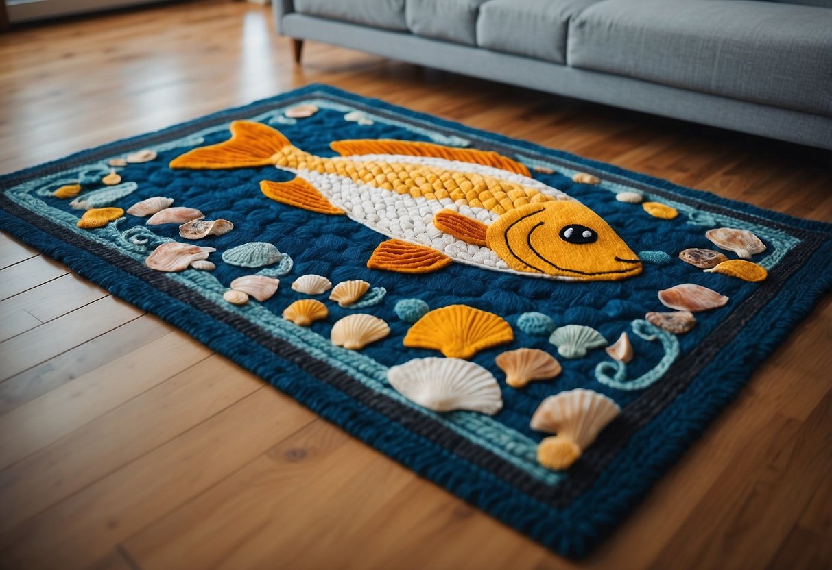 A fish-shaped area rug lies on a hardwood floor, surrounded by nautical decor and seashells