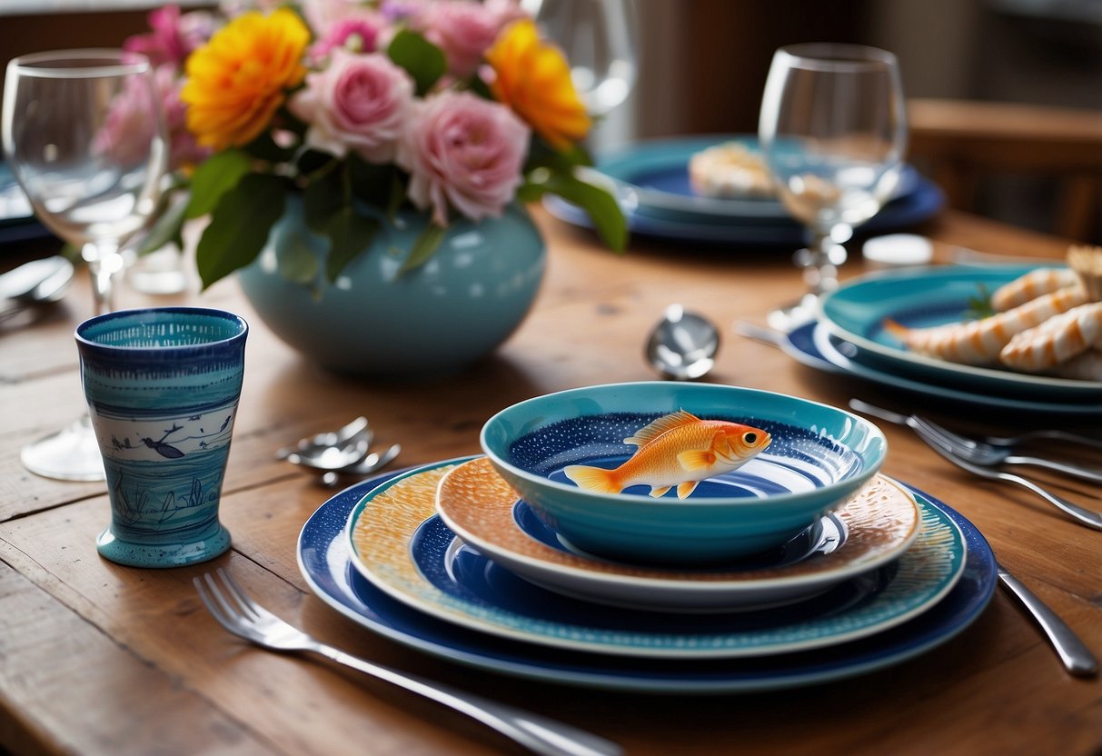 A table set with colorful ceramic fish plates, surrounded by nautical decor and sea-themed accents