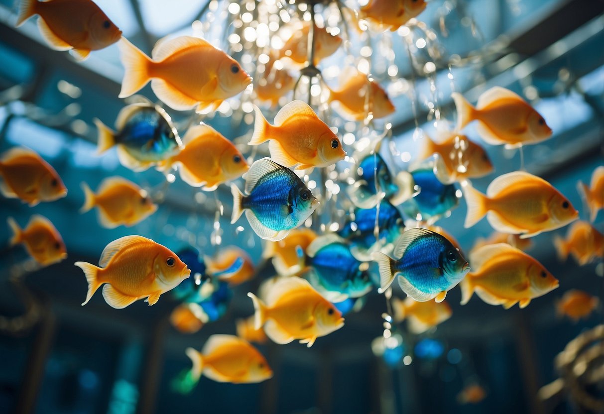 A school of colorful fish swirls around a dazzling chandelier made of glass and coral, illuminating the underwater home decor