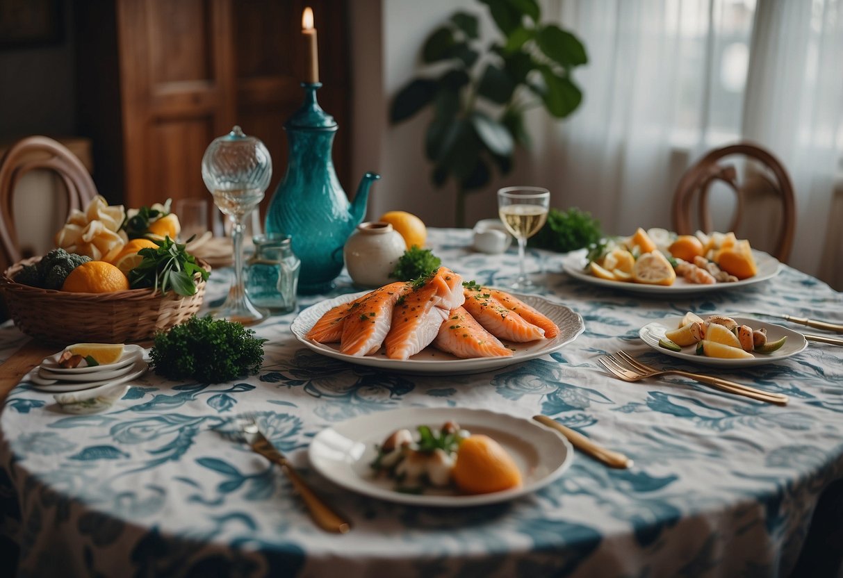 A table with a fish-print tablecloth surrounded by fish-themed home decor items