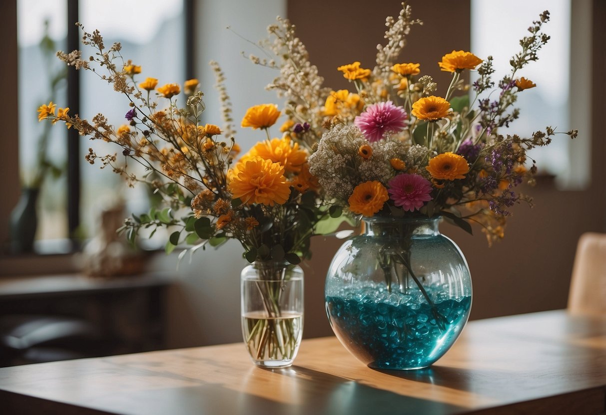 A large glass vase sits on a wooden table, filled with colorful stones, dried flowers, and decorative branches, adding a touch of elegance to the room