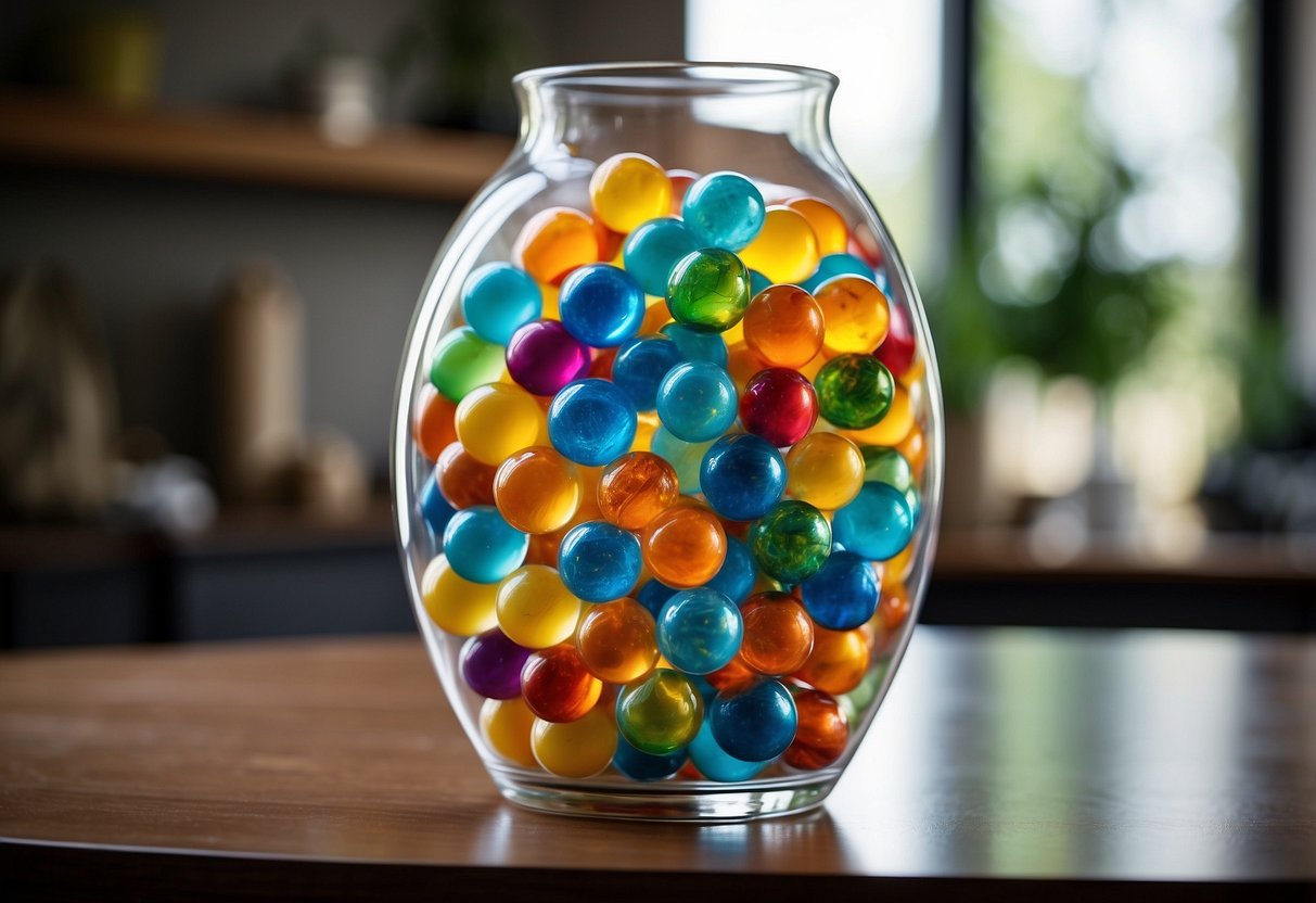 A large glass vase filled with colorful marbles, creating a vibrant and eye-catching home decor idea