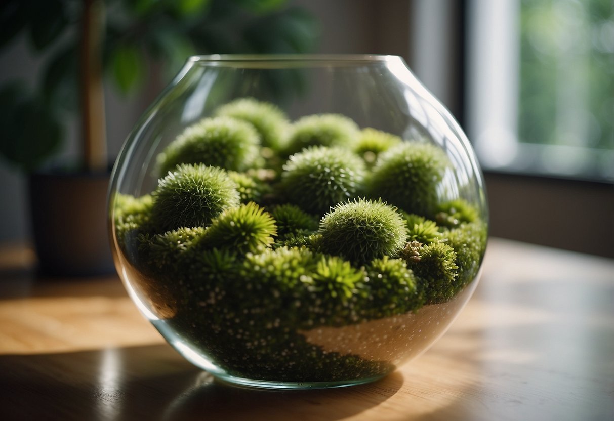 A large glass vase filled with artificial moss stones, creating a natural and serene home decor idea