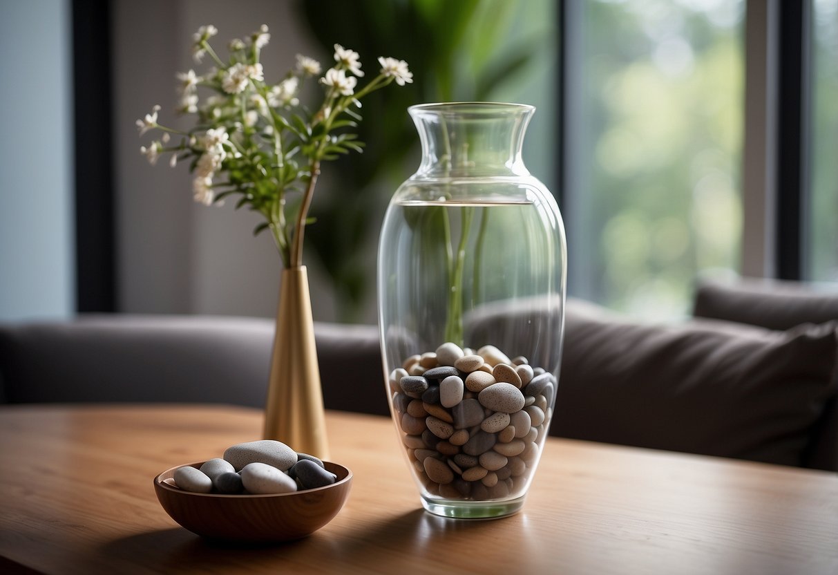 A clear glass vase filled with smooth river rocks sits on a table, adding a natural and decorative touch to the home