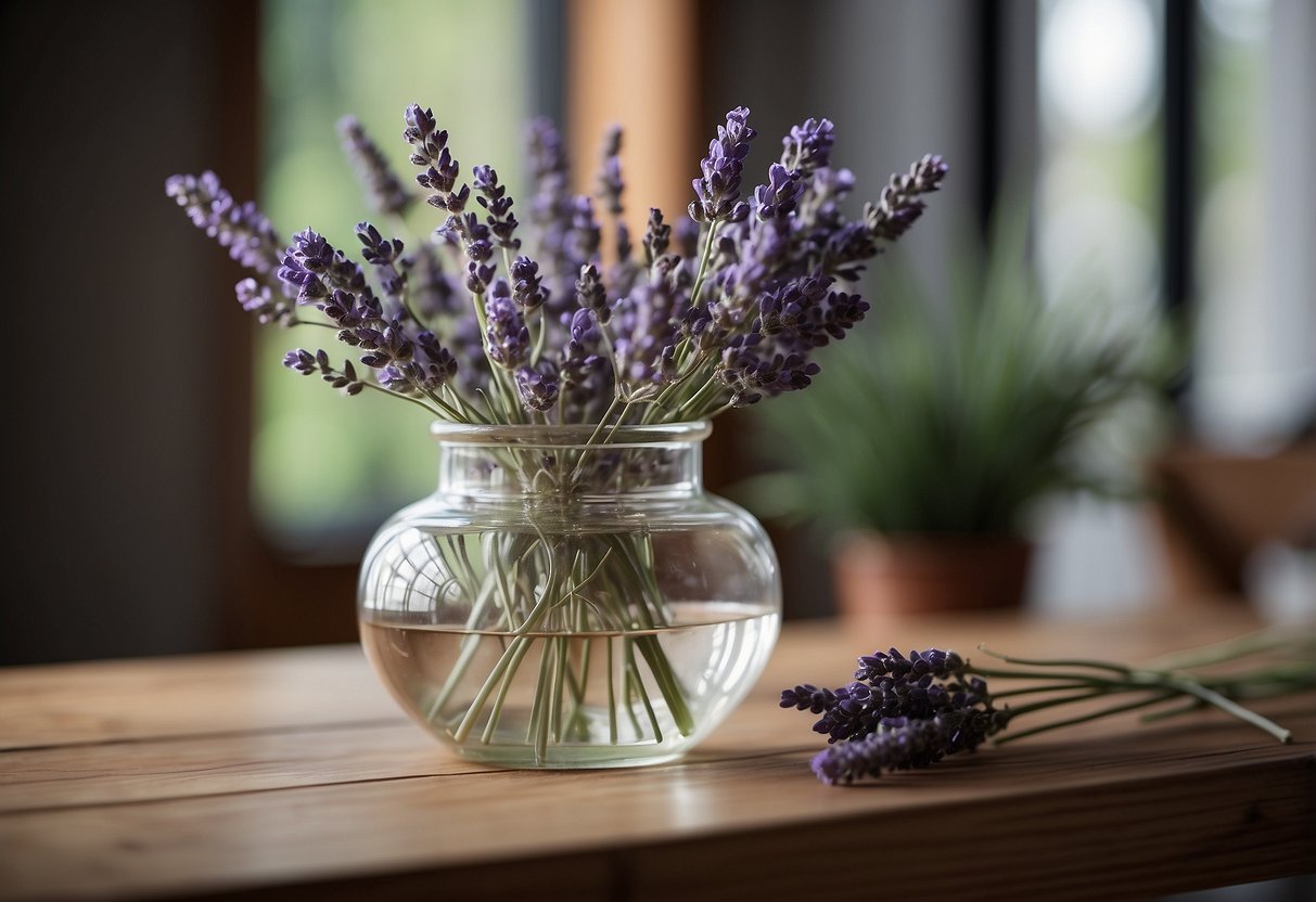 A clear glass vase filled with dried lavender sits on a wooden table, adding a touch of natural beauty to the room