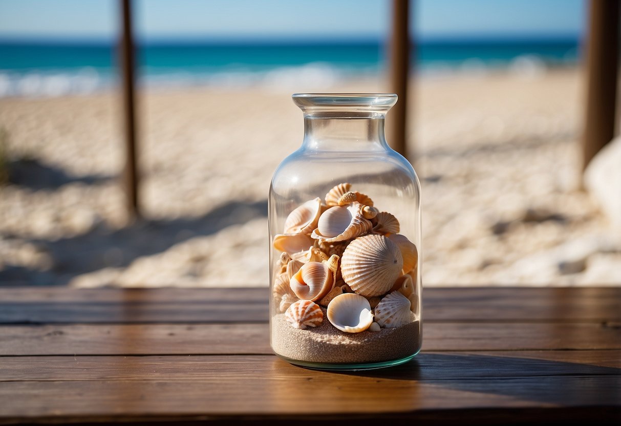 A clear glass vase filled with sand and large shells sits on a wooden table, creating a beach-inspired home decor display