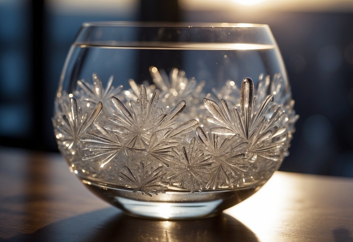 Shimmering acrylic ice crystals fill a large glass vase, catching the light and creating a dazzling home decor display