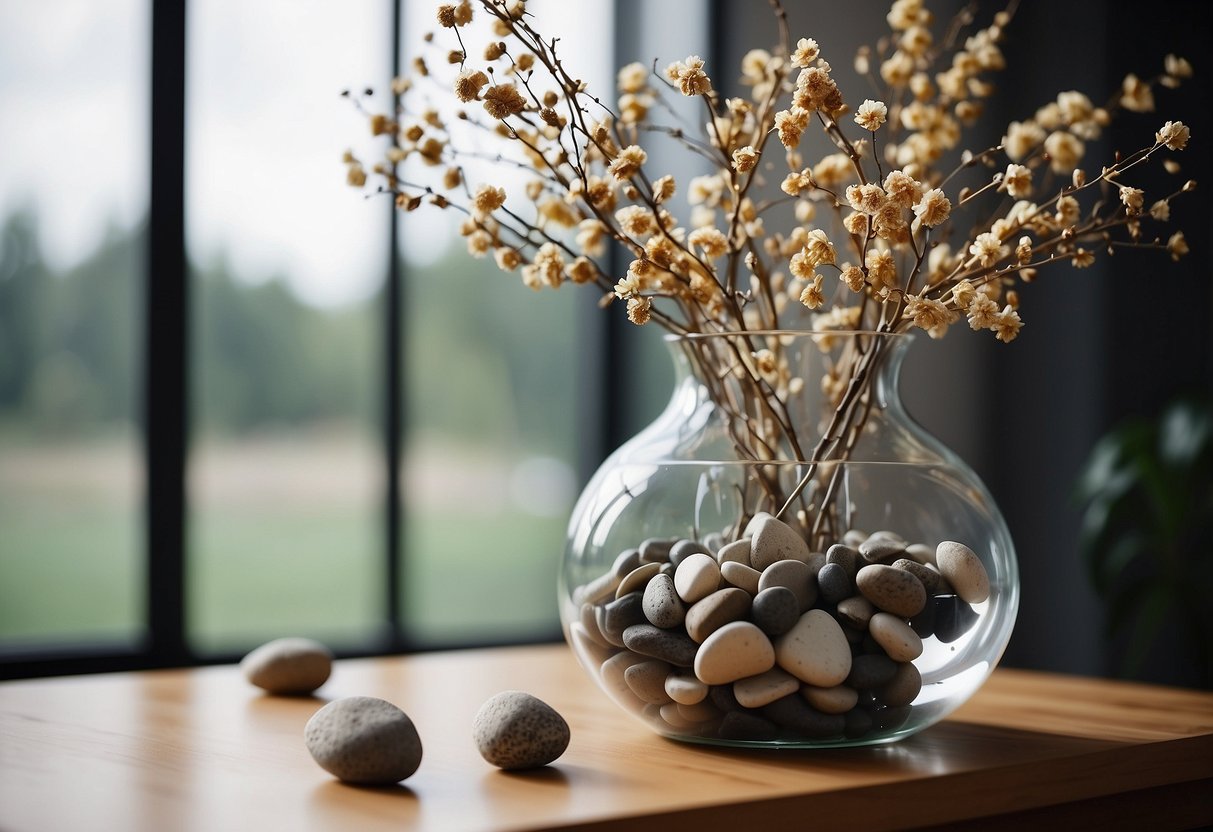 A large glass vase filled with river rocks, dried branches, and artificial flowers for home decor