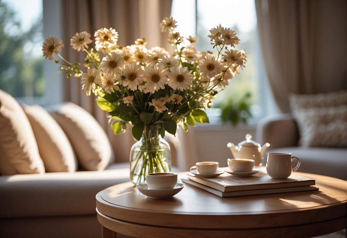 A sunlit living room with floral wallpaper, a cozy couch with floral print cushions, and a coffee table adorned with a vase of fresh flowers