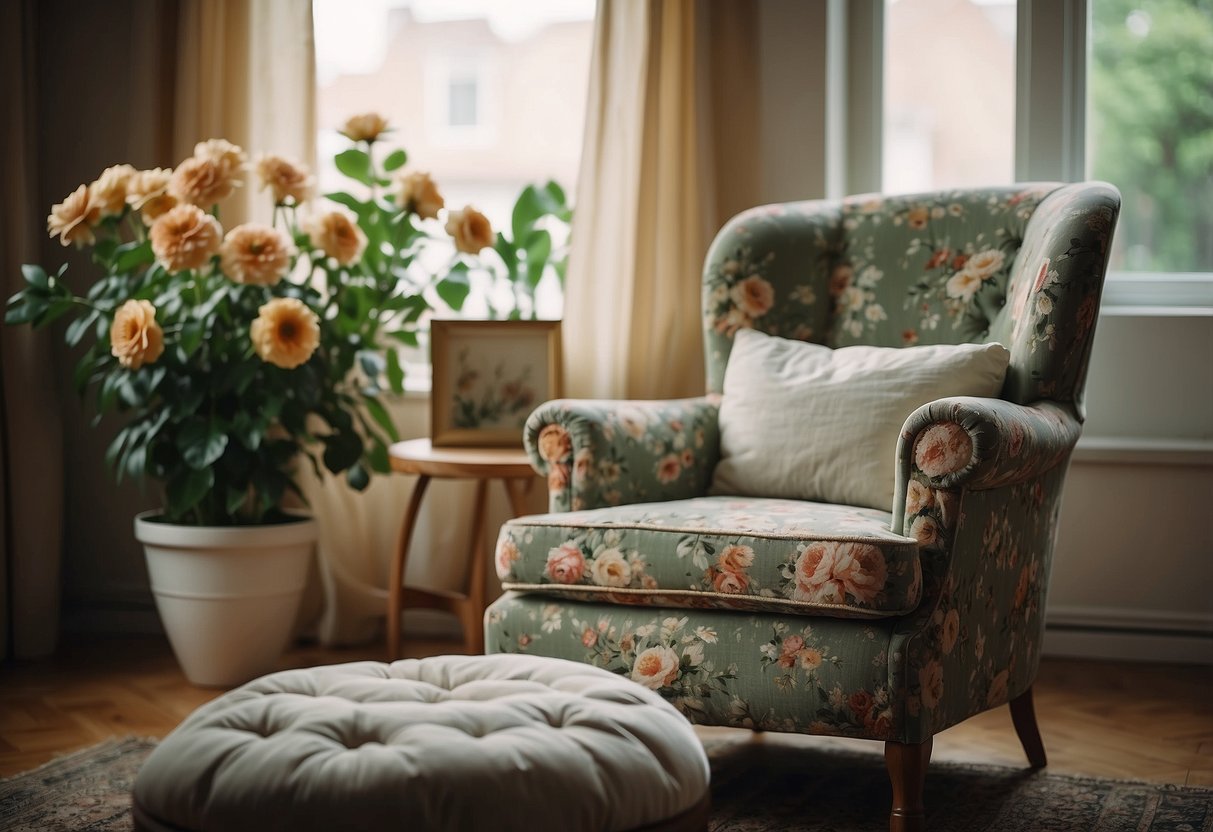 A vintage floral armchair sits in a cozy living room, surrounded by floral home decor accents