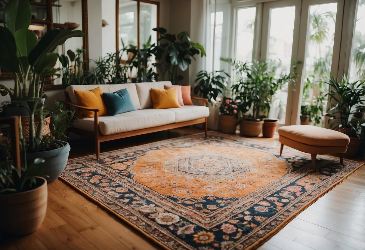 A colorful rug with vibrant floral patterns sits in the center of a cozy living room, surrounded by potted plants and blooming flowers, creating a garden-inspired home decor