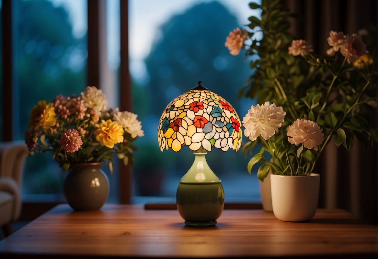 A floral table lamp sits on a wooden table in a cozy living room, surrounded by colorful blossoms and greenery