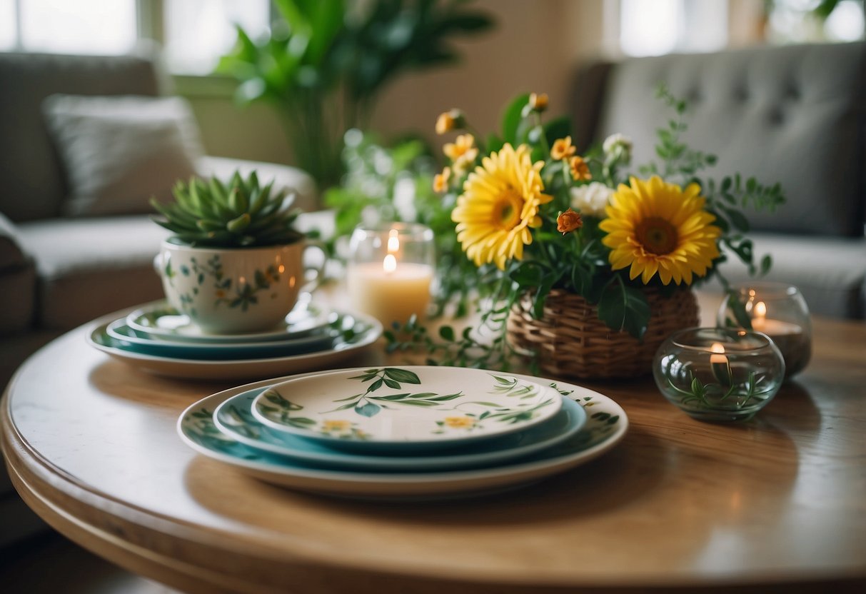 A cozy living room adorned with nature-themed decorative plates, featuring vibrant floral designs