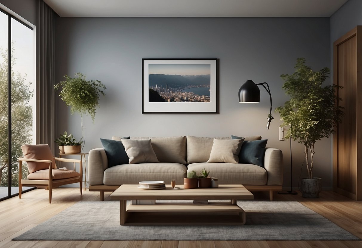 A living room with wall-mounted shelves, a stylish coat rack, and a multi-functional coffee table with storage