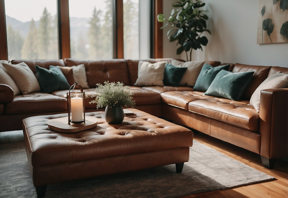 A cozy living room with a storage ottoman serving as a coffee table, surrounded by comfortable seating and stylish decor