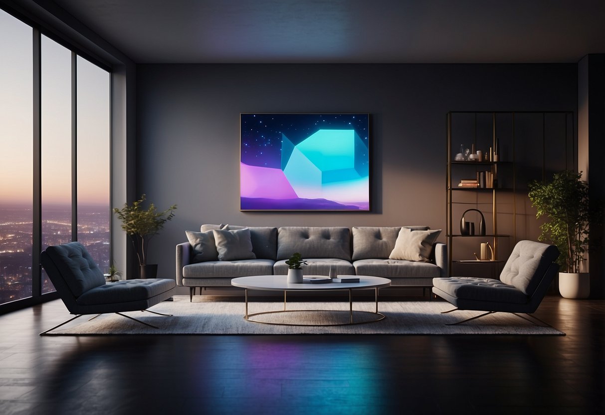 A sleek, minimalist living room with floating furniture, holographic art displays, and illuminated geometric shapes