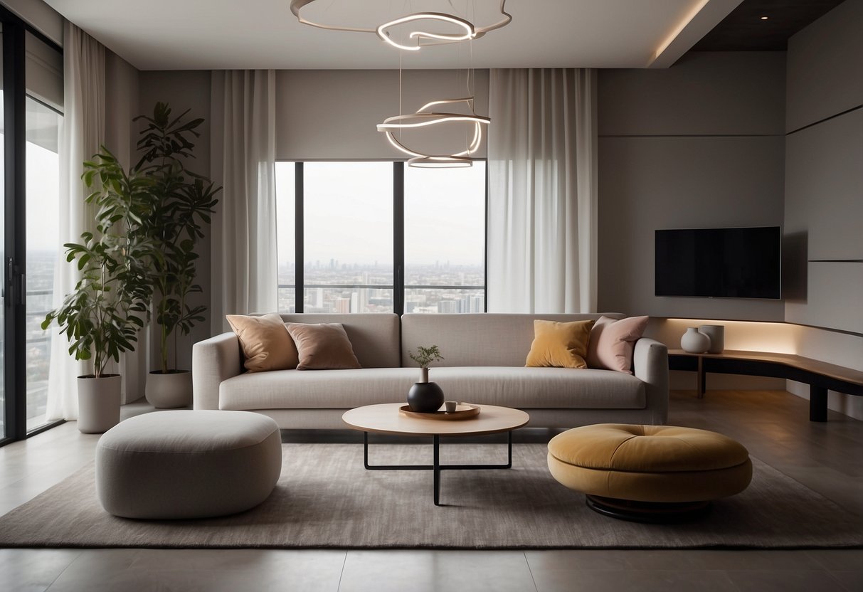 A sleek, modern living room with voice-activated assistants integrated into the furniture and lighting. Clean lines, minimalist design, and high-tech gadgets create a futuristic atmosphere