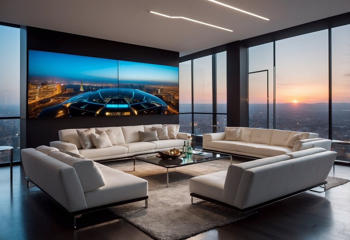 A sleek living room with holographic entertainment systems integrated into the walls and furniture. Futuristic decor includes geometric shapes and minimalist design