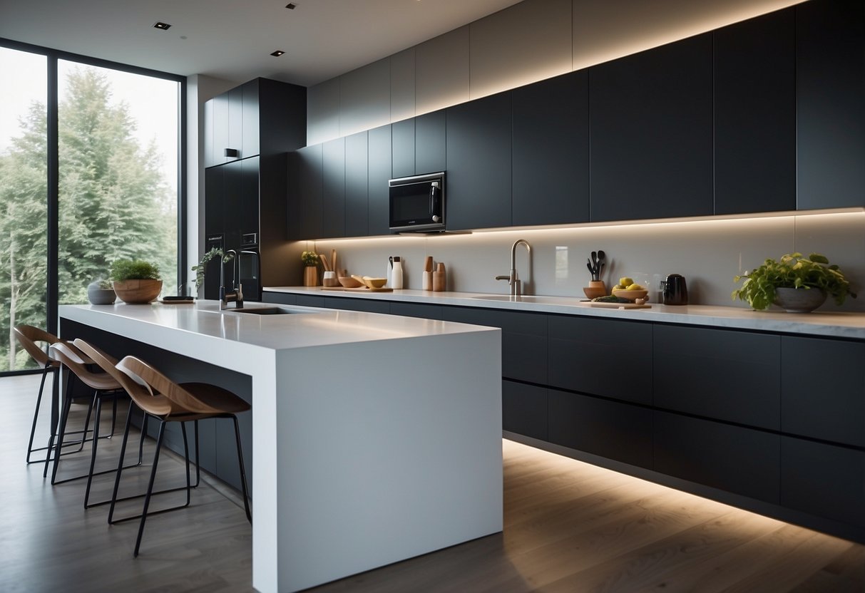 A sleek, modern kitchen with energy-efficient appliances and futuristic home decor. LED lights illuminate the space, and clean lines create a minimalist yet functional design