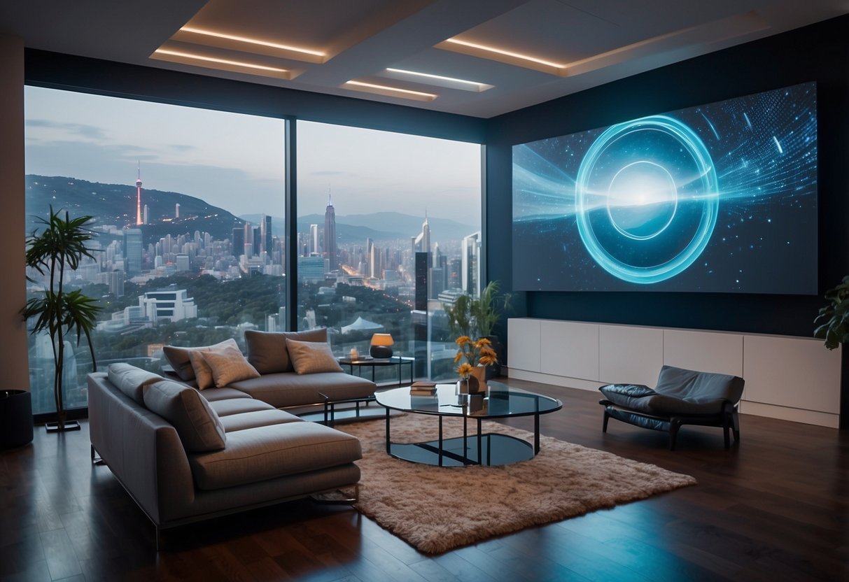 A virtual reality headset displays a modern living room with futuristic decor. A holographic couch, levitating lamps, and interactive wall art are showcased in the high-tech home tour