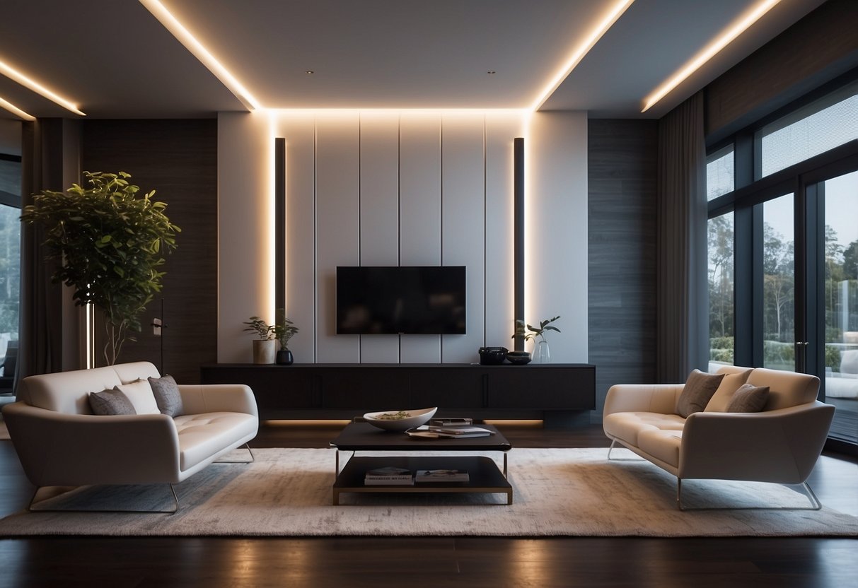 A sleek living room with LED mood lighting, casting a futuristic glow on minimalist furniture and metallic accents