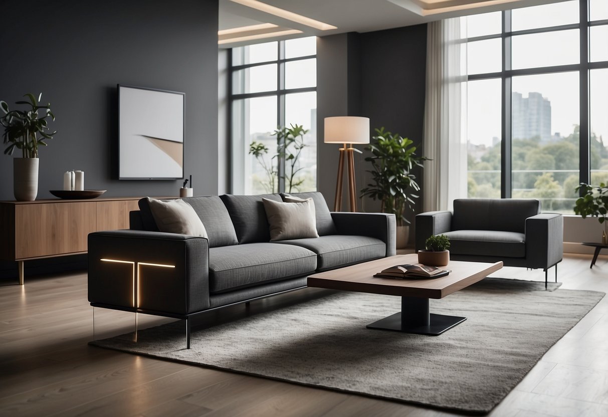 A sleek, minimalist living room with wireless charging stations integrated into the furniture. Clean lines, modern materials, and ambient lighting create a futuristic atmosphere