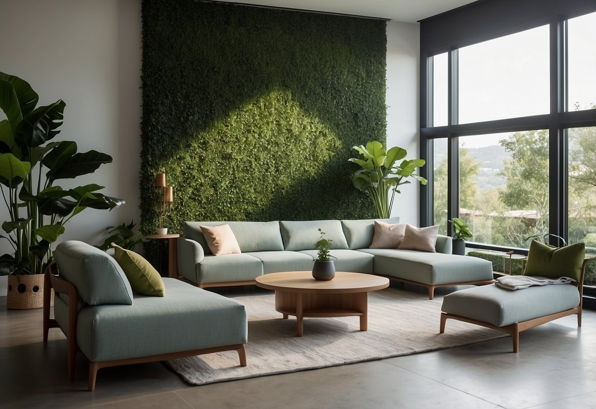 A sleek, minimalist living room with sustainable furniture, clean lines, and pops of greenery. Smart technology seamlessly integrated into the design